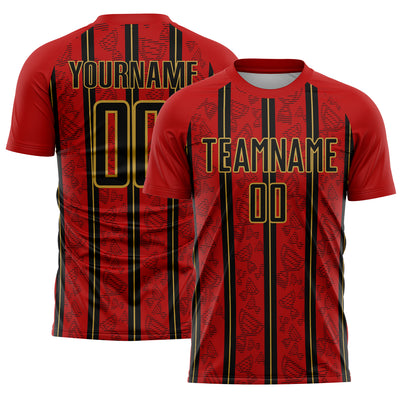 Custom Red Black-Old Gold Stripe Line Sublimation Soccer Uniform Jersey