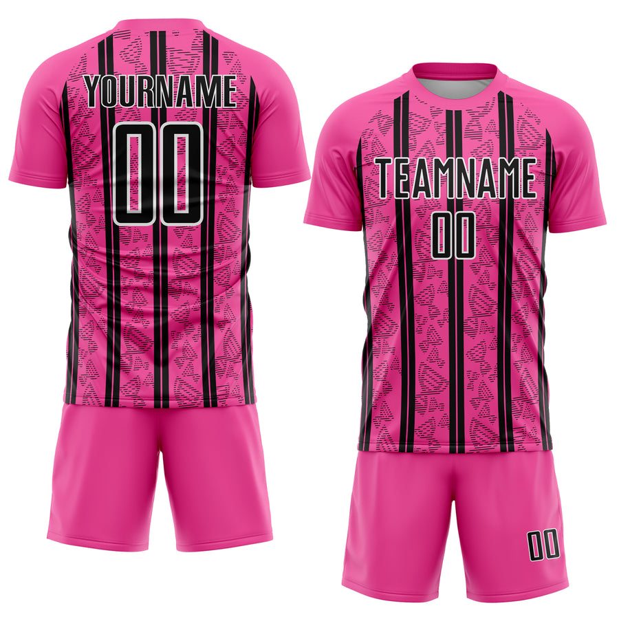 Custom Pink Black-White Stripe Line Sublimation Soccer Uniform Jersey