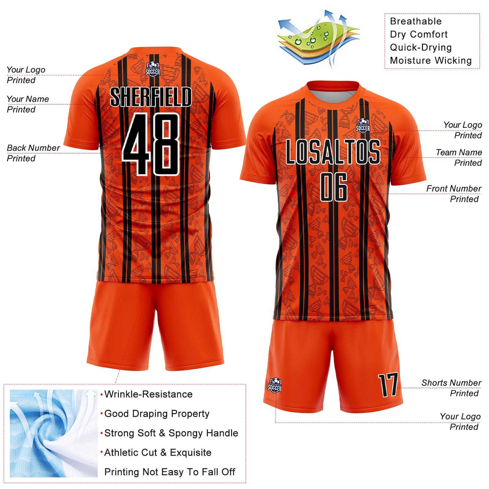 Custom Orange Black-White Stripe Line Sublimation Soccer Uniform Jersey