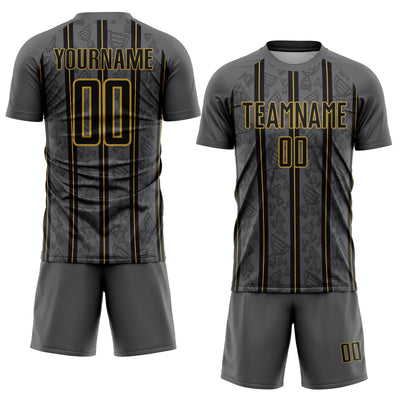 Custom Gray Black-Old Gold Stripe Line Sublimation Soccer Uniform Jersey