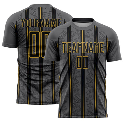 Custom Gray Black-Old Gold Stripe Line Sublimation Soccer Uniform Jersey