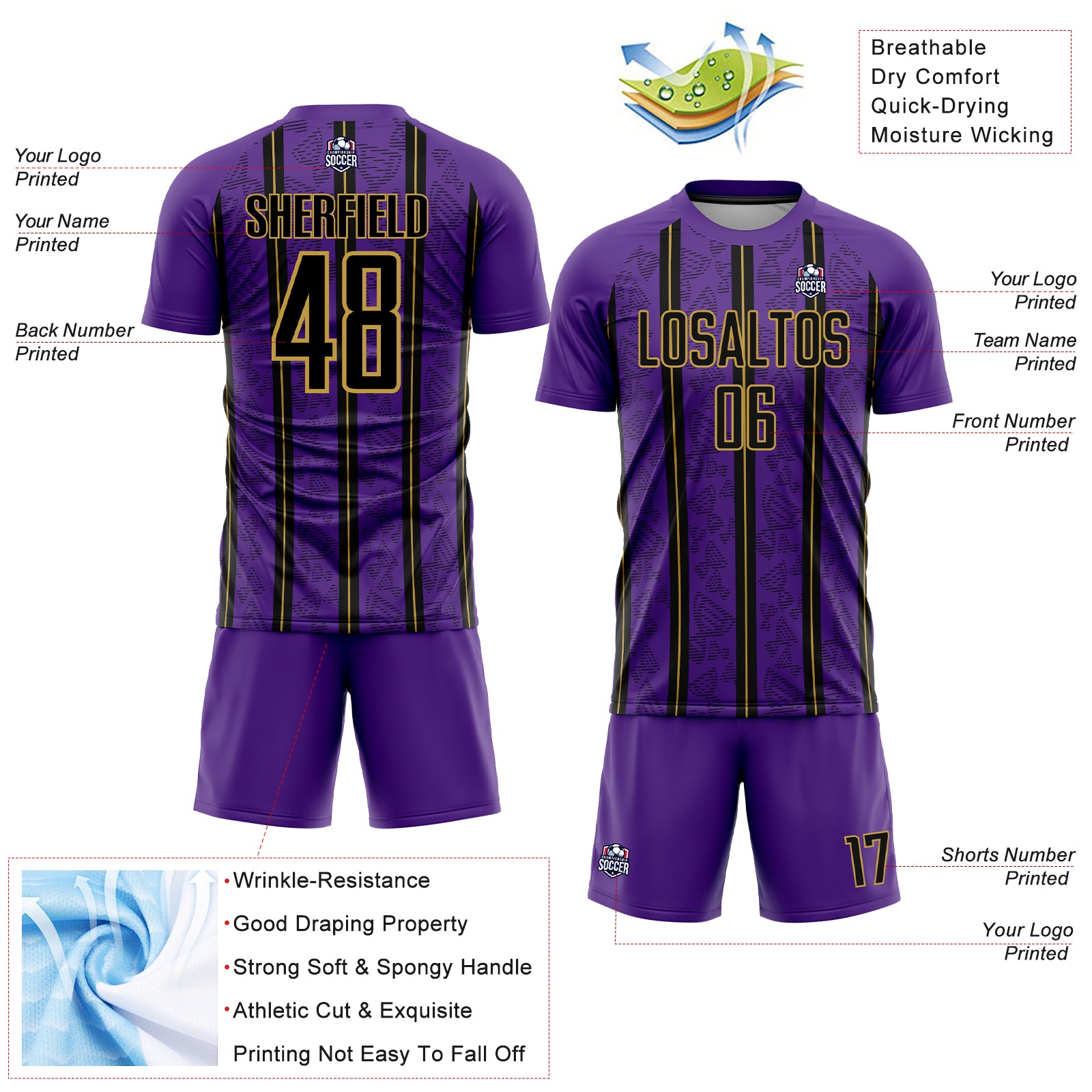 Custom Purple Black-Old Gold Stripe Line Sublimation Soccer Uniform Jersey