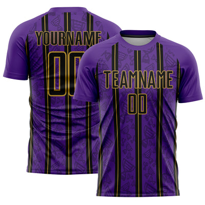 Custom Purple Black-Old Gold Stripe Line Sublimation Soccer Uniform Jersey