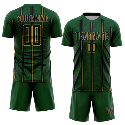 Custom Green Black-Old Gold Stripe Line Sublimation Soccer Uniform Jersey