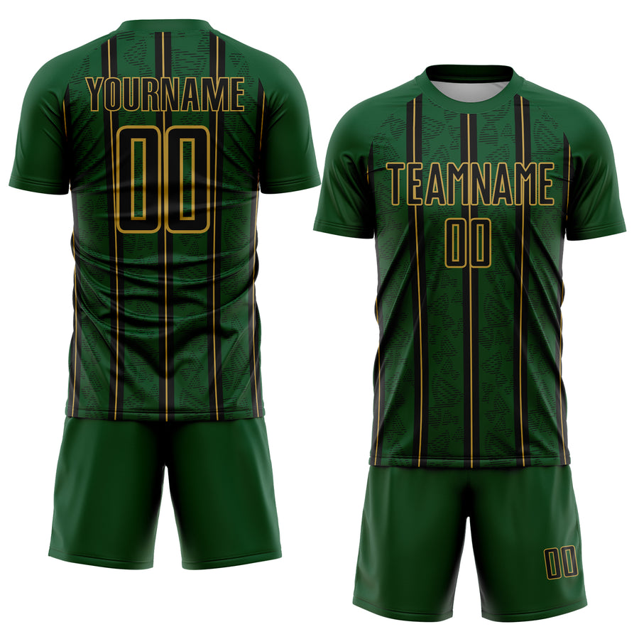 Custom Green Black-Old Gold Stripe Line Sublimation Soccer Uniform Jersey