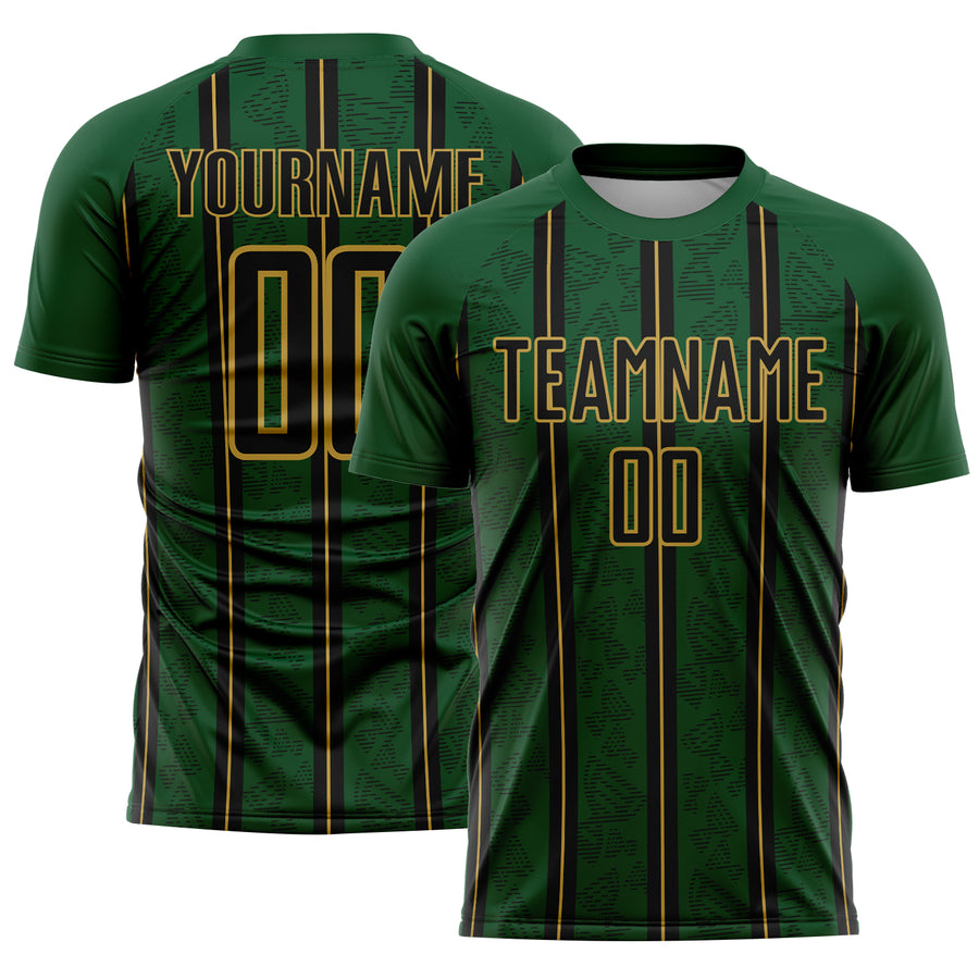 Custom Green Black-Old Gold Stripe Line Sublimation Soccer Uniform Jersey
