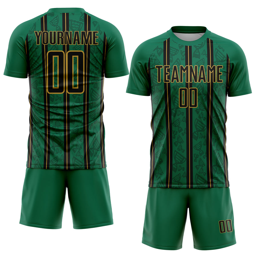 Custom Kelly Green Black-Old Gold Stripe Line Sublimation Soccer Uniform Jersey