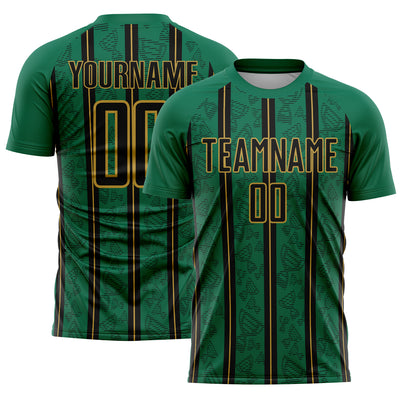 Custom Kelly Green Black-Old Gold Stripe Line Sublimation Soccer Uniform Jersey