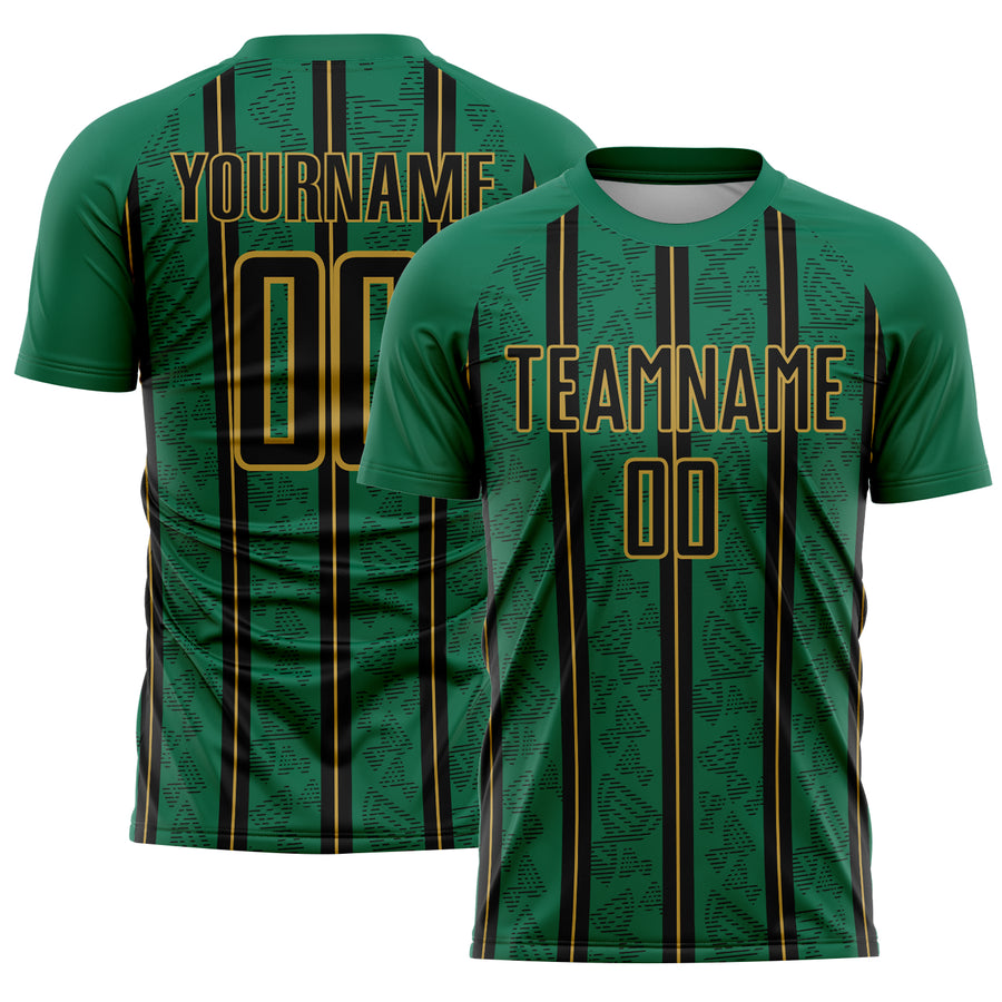 Custom Kelly Green Black-Old Gold Stripe Line Sublimation Soccer Uniform Jersey