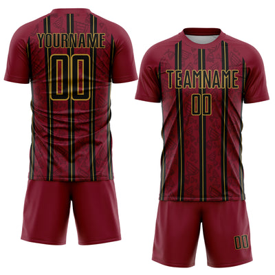 Custom Crimson Black-Old Gold Stripe Line Sublimation Soccer Uniform Jersey