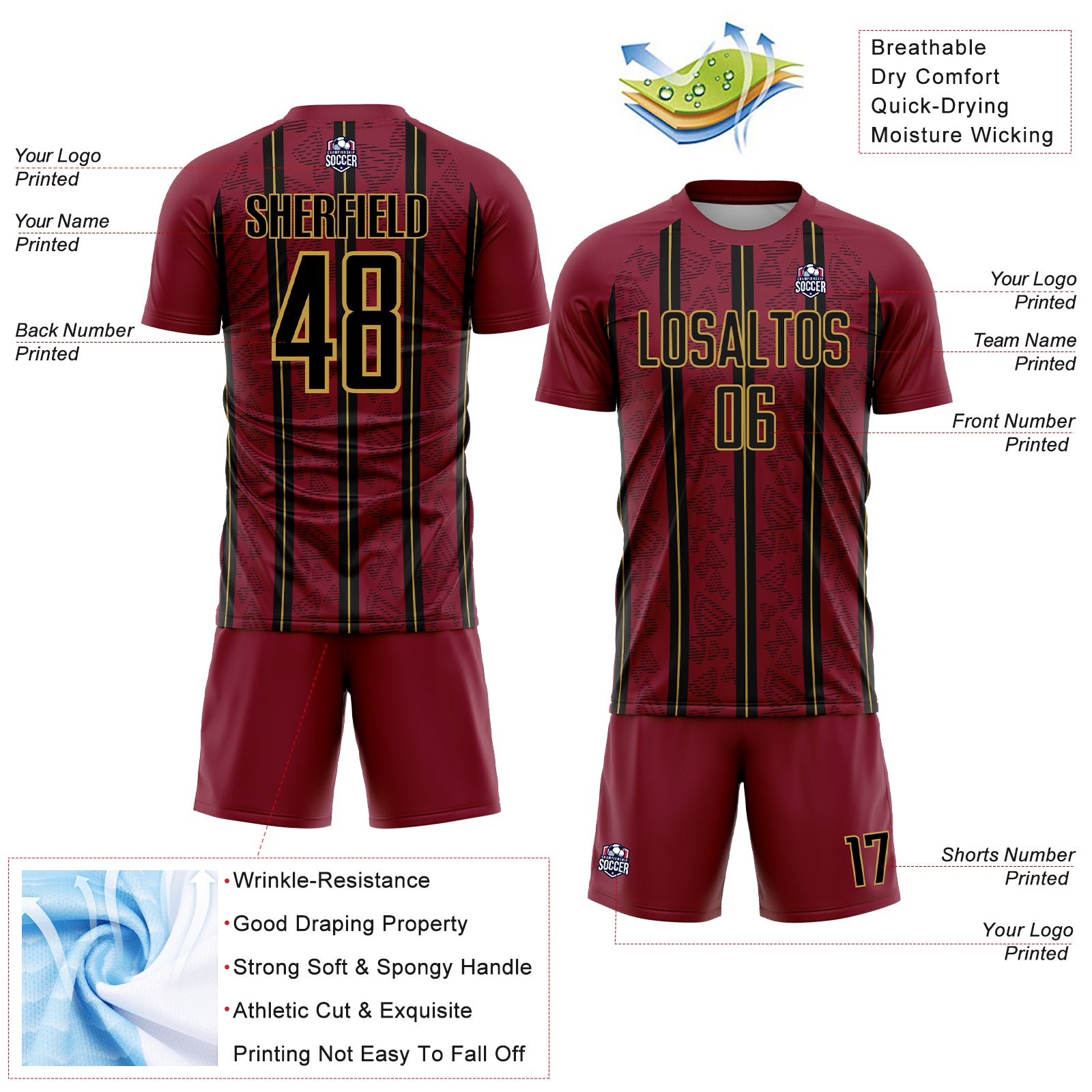 Custom Crimson Black-Old Gold Stripe Line Sublimation Soccer Uniform Jersey