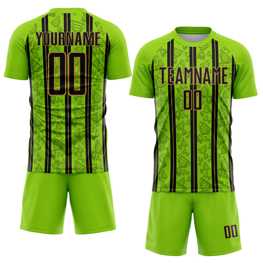 Custom Neon Green Black-Old Gold Stripe Line Sublimation Soccer Uniform Jersey