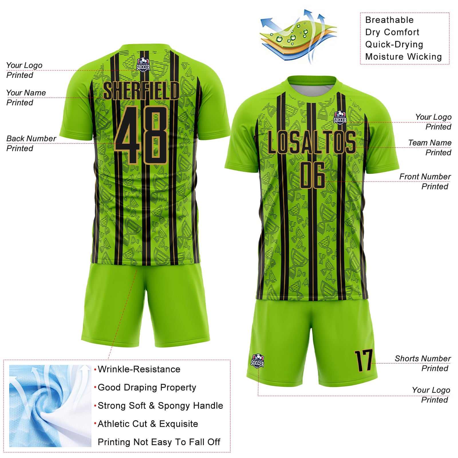Custom Neon Green Black-Old Gold Stripe Line Sublimation Soccer Uniform Jersey