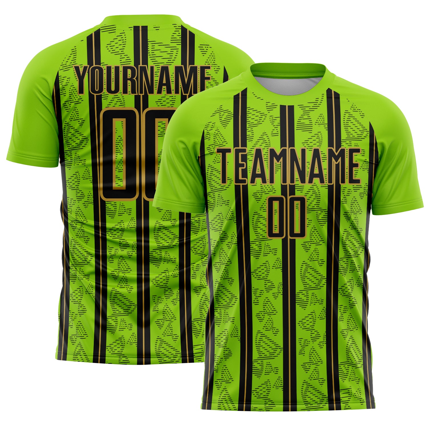 Custom Neon Green Black-Old Gold Stripe Line Sublimation Soccer Uniform Jersey