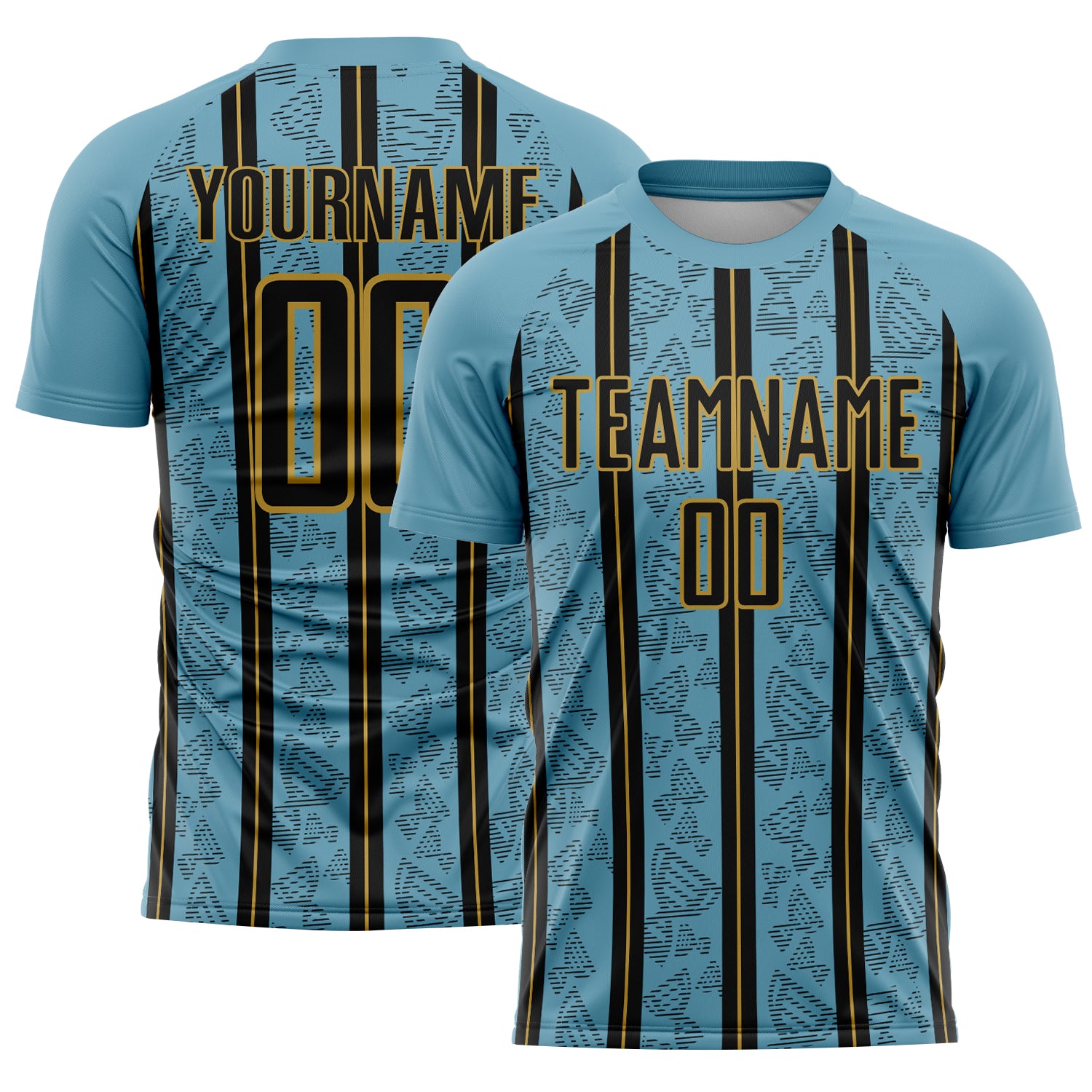 Custom Shadow Blue Black-Old Gold Stripe Line Sublimation Soccer Uniform Jersey
