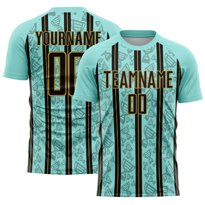 Custom Ice Blue Black-Old Gold Stripe Line Sublimation Soccer Uniform Jersey