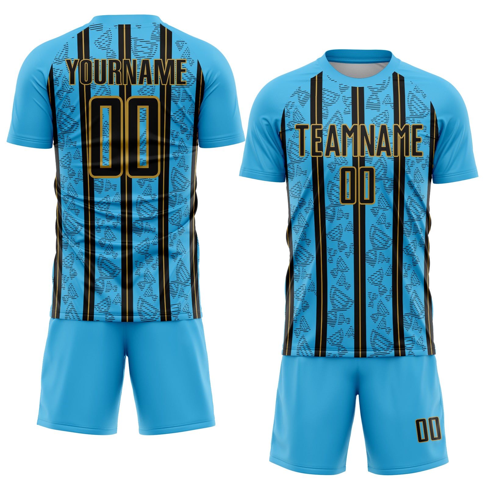 Custom Sky Blue Black-Old Gold Stripe Line Sublimation Soccer Uniform Jersey