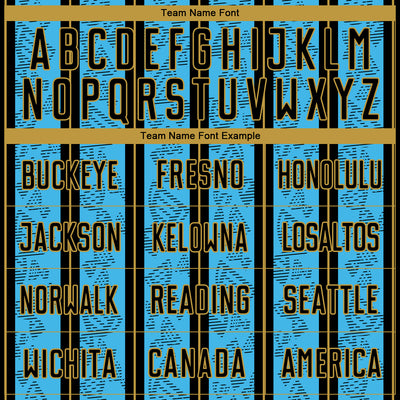 Custom Sky Blue Black-Old Gold Stripe Line Sublimation Soccer Uniform Jersey