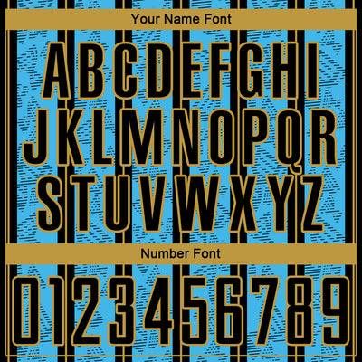 Custom Sky Blue Black-Old Gold Stripe Line Sublimation Soccer Uniform Jersey