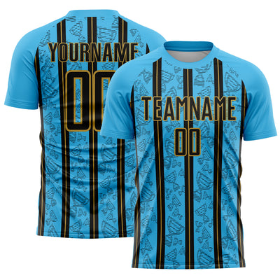 Custom Sky Blue Black-Old Gold Stripe Line Sublimation Soccer Uniform Jersey