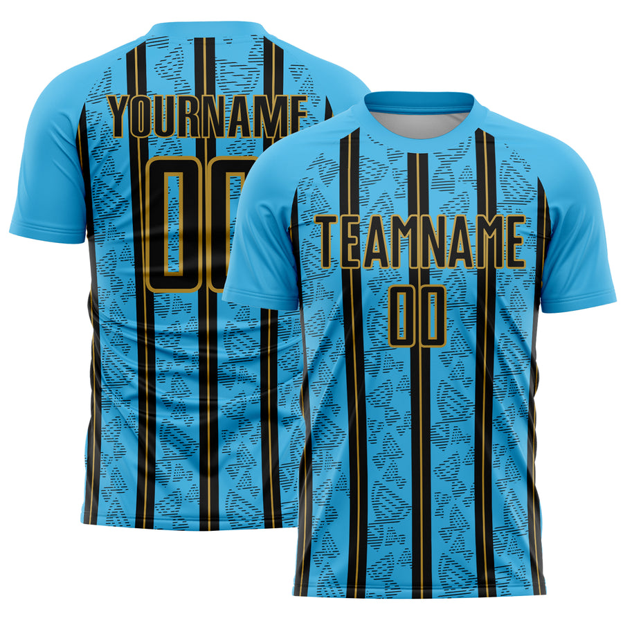 Custom Sky Blue Black-Old Gold Stripe Line Sublimation Soccer Uniform Jersey