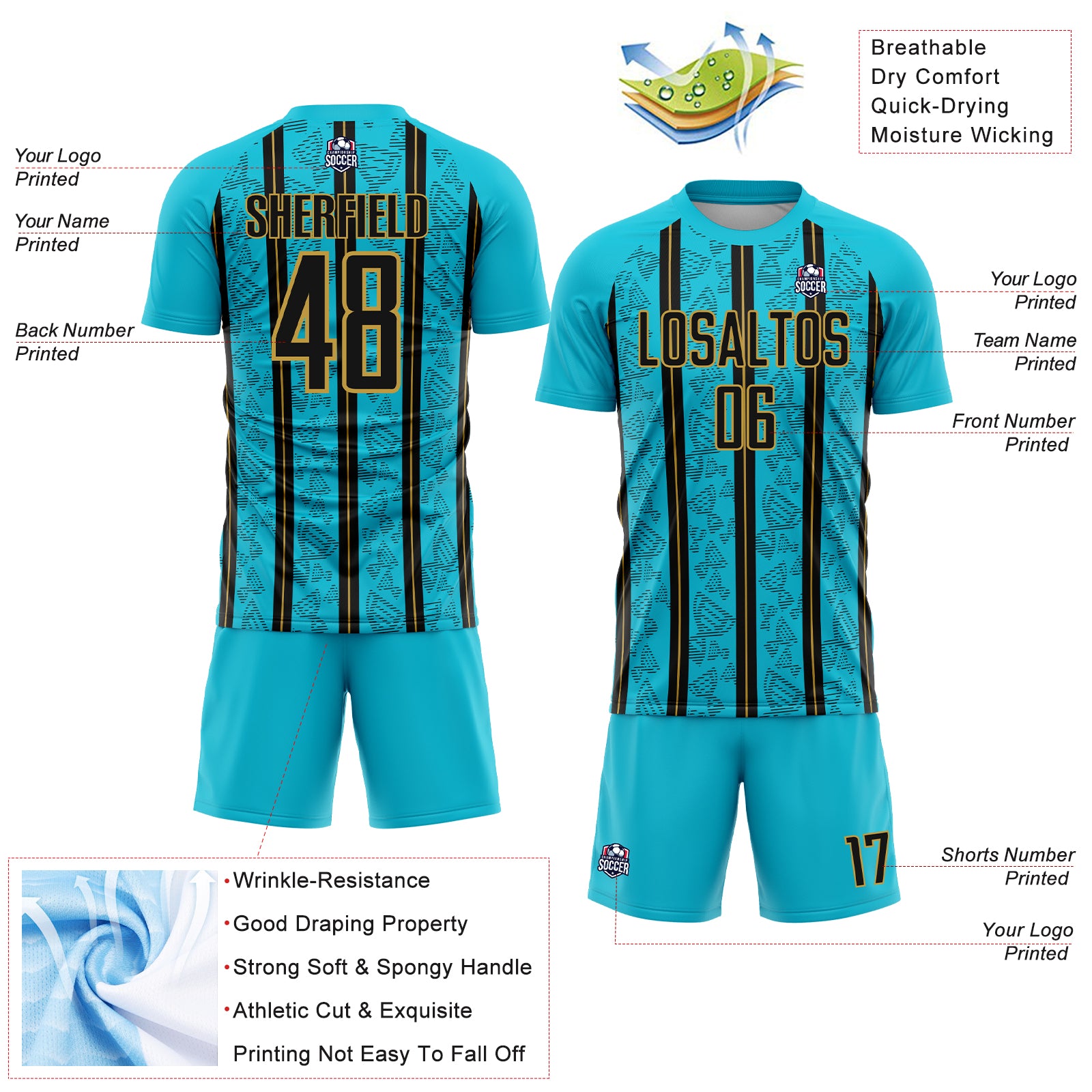 Custom Lakes Blue Black-Old Gold Stripe Line Sublimation Soccer Uniform Jersey