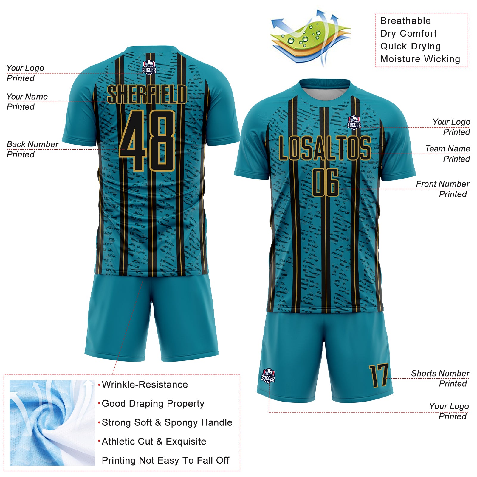 Custom Teal Black-Old Gold Stripe Line Sublimation Soccer Uniform Jersey