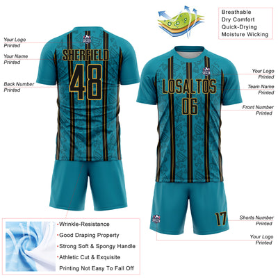 Custom Teal Black-Old Gold Stripe Line Sublimation Soccer Uniform Jersey
