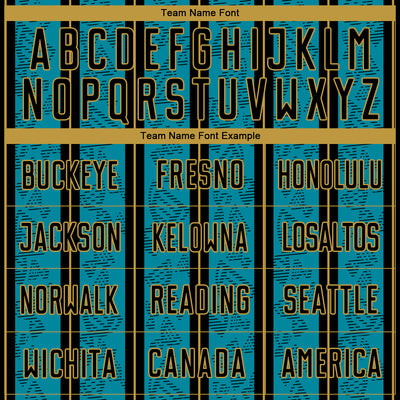 Custom Teal Black-Old Gold Stripe Line Sublimation Soccer Uniform Jersey