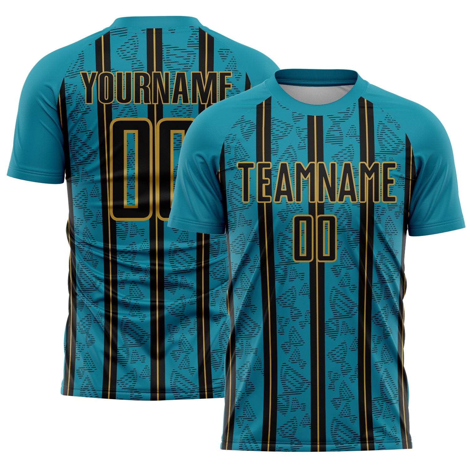 Custom Teal Black-Old Gold Stripe Line Sublimation Soccer Uniform Jersey