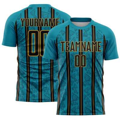 Custom Teal Black-Old Gold Stripe Line Sublimation Soccer Uniform Jersey