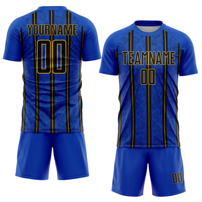 Custom Thunder Blue Black-Old Gold Stripe Line Sublimation Soccer Uniform Jersey