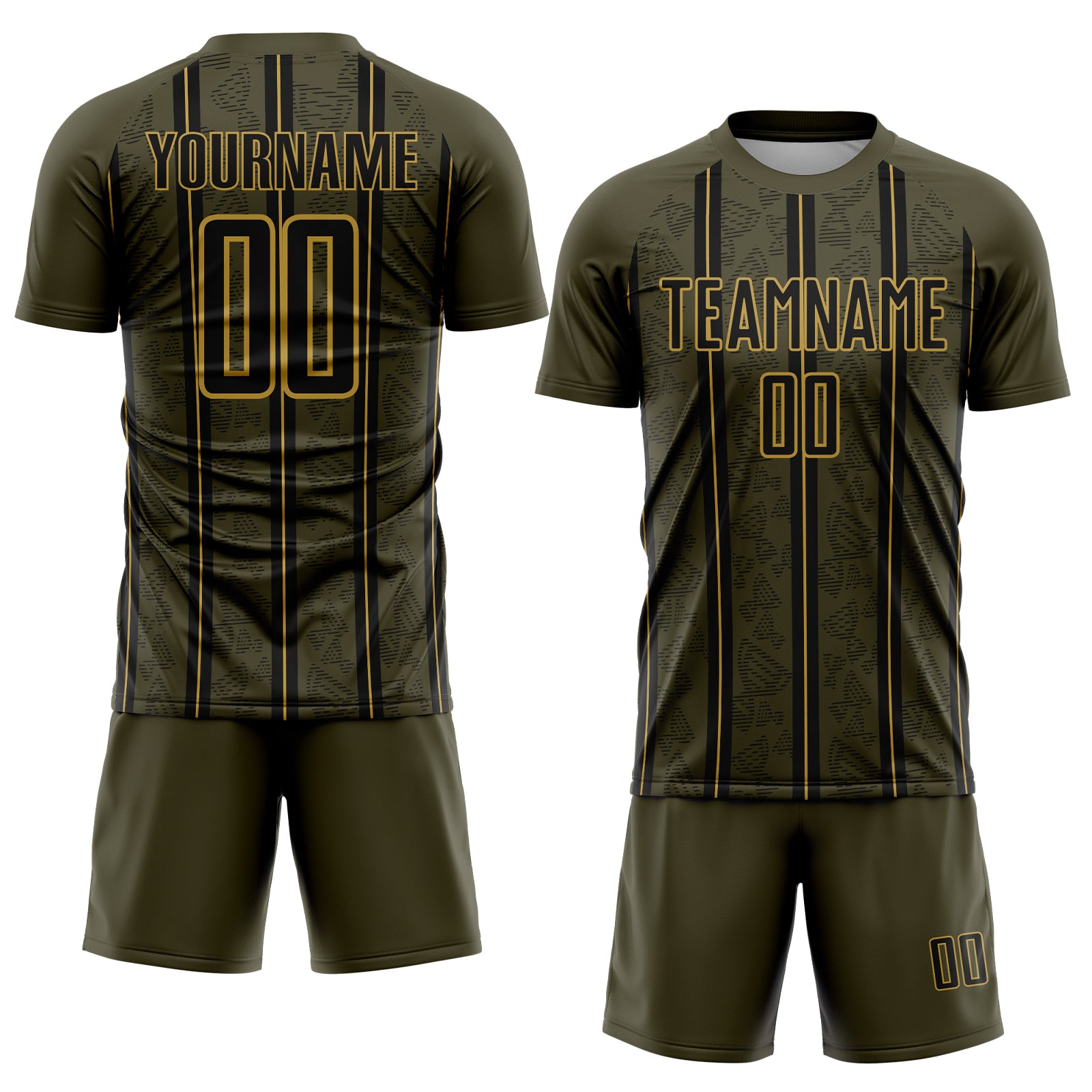Custom Olive Black-Old Gold Stripe Line Sublimation Salute To Service Soccer Uniform Jersey