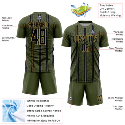 Custom Olive Black-Old Gold Stripe Line Sublimation Salute To Service Soccer Uniform Jersey