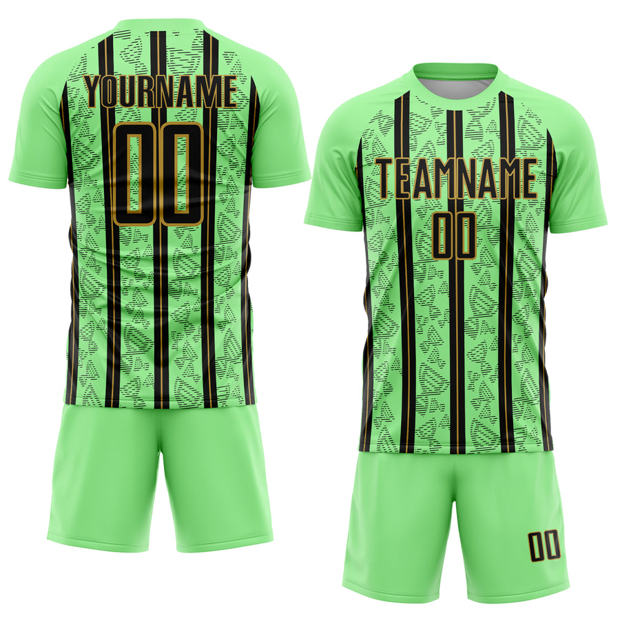 Custom Pea Green Black-Old Gold Stripe Line Sublimation Soccer Uniform Jersey