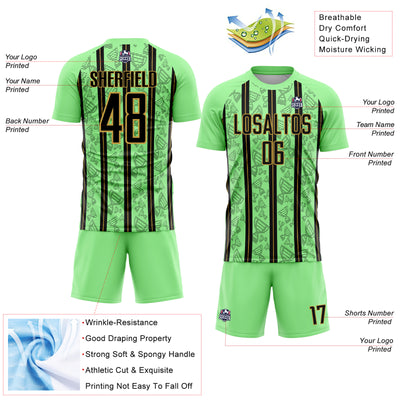 Custom Pea Green Black-Old Gold Stripe Line Sublimation Soccer Uniform Jersey