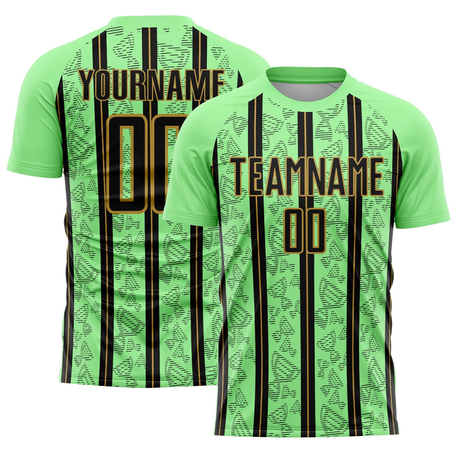 Custom Pea Green Black-Old Gold Stripe Line Sublimation Soccer Uniform Jersey