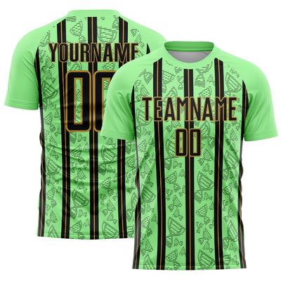 Custom Pea Green Black-Old Gold Stripe Line Sublimation Soccer Uniform Jersey