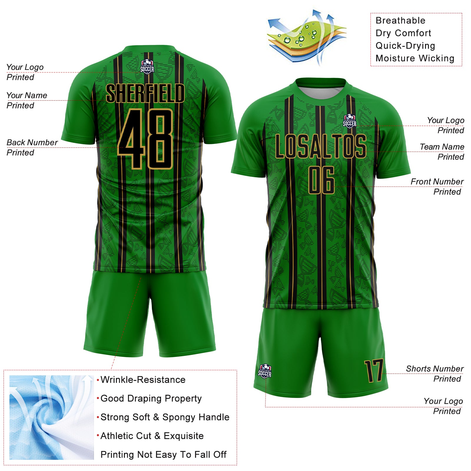 Custom Grass Green Black-Old Gold Stripe Line Sublimation Soccer Uniform Jersey