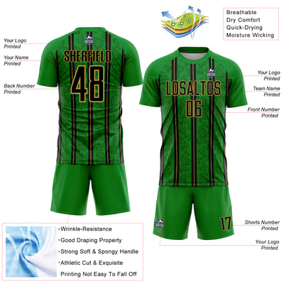 Custom Grass Green Black-Old Gold Stripe Line Sublimation Soccer Uniform Jersey
