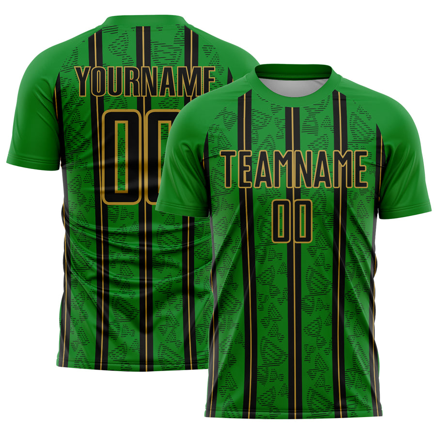 Custom Grass Green Black-Old Gold Stripe Line Sublimation Soccer Uniform Jersey