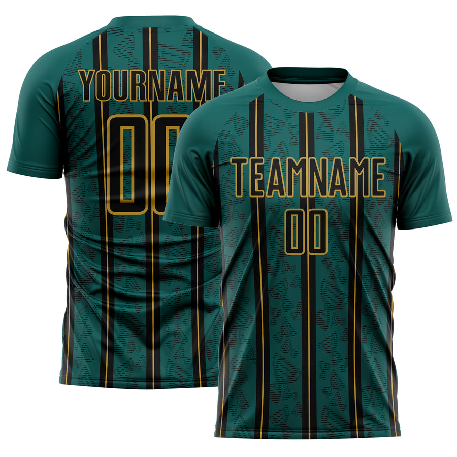 Custom Midnight Green Black-Old Gold Stripe Line Sublimation Soccer Uniform Jersey
