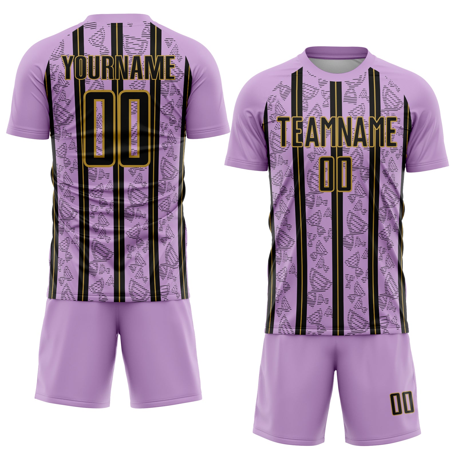Custom Light Purple Black-Old Gold Stripe Line Sublimation Soccer Uniform Jersey