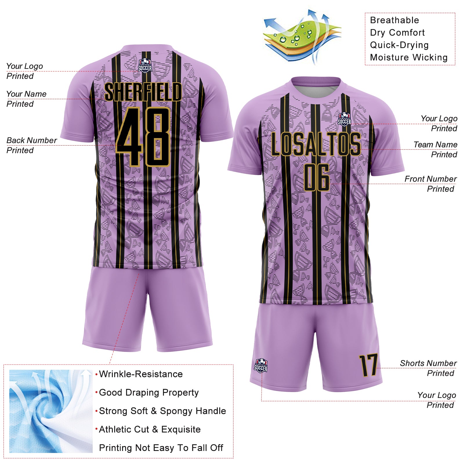 Custom Light Purple Black-Old Gold Stripe Line Sublimation Soccer Uniform Jersey