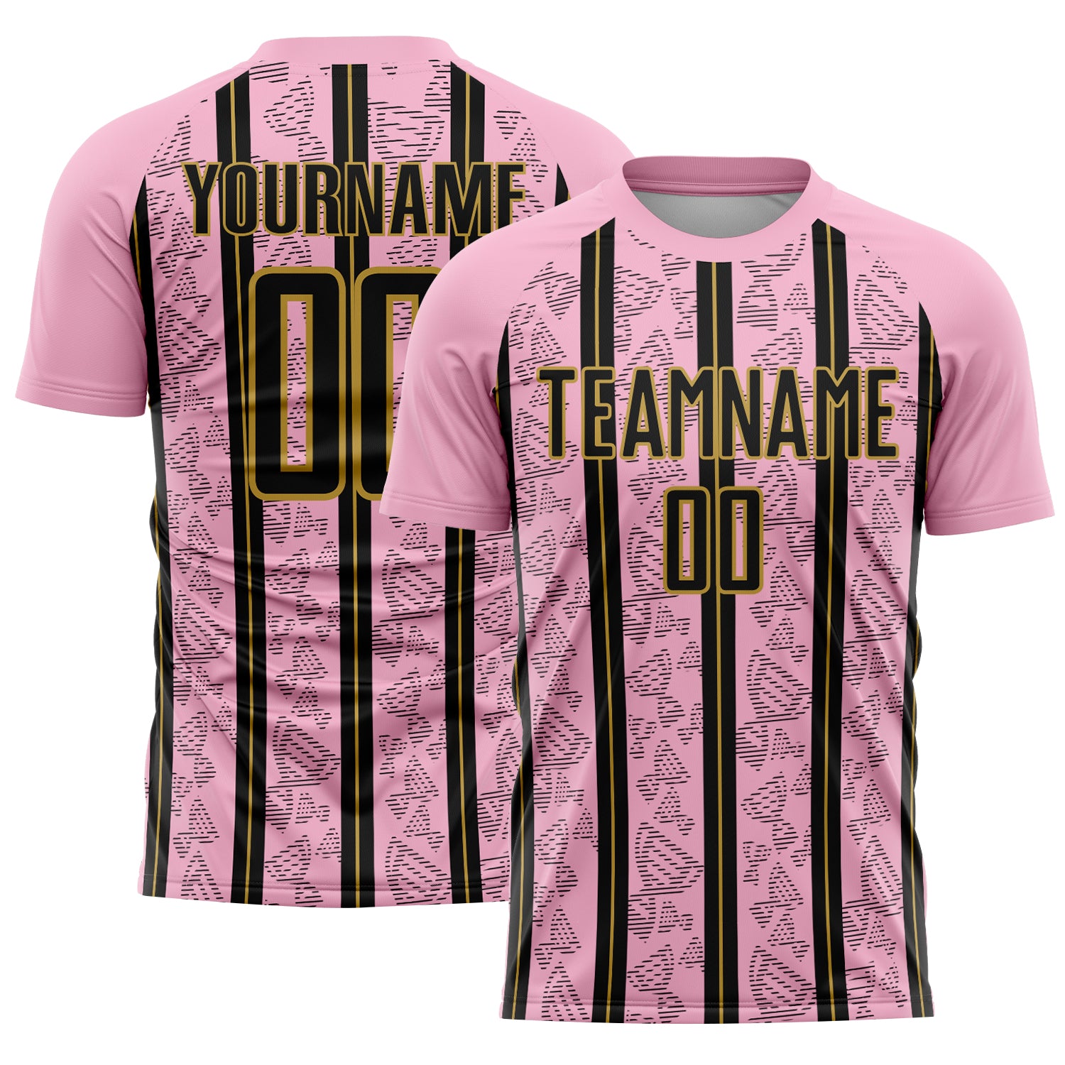 Custom Light Pink Black-Old Gold Stripe Line Sublimation Soccer Uniform Jersey