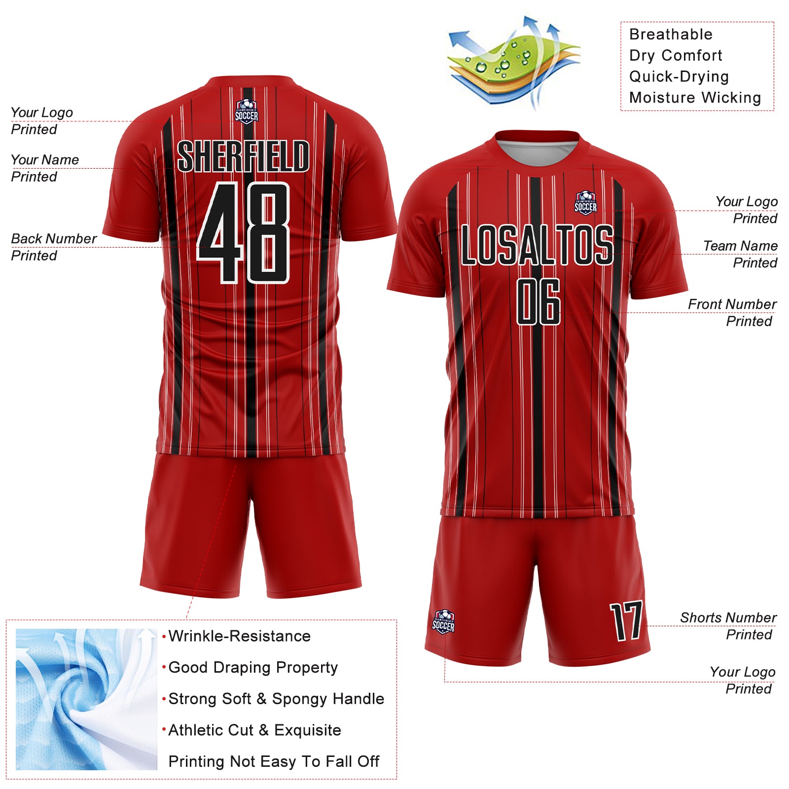Custom Red Black-White Stripe Sublimation Soccer Uniform Jersey