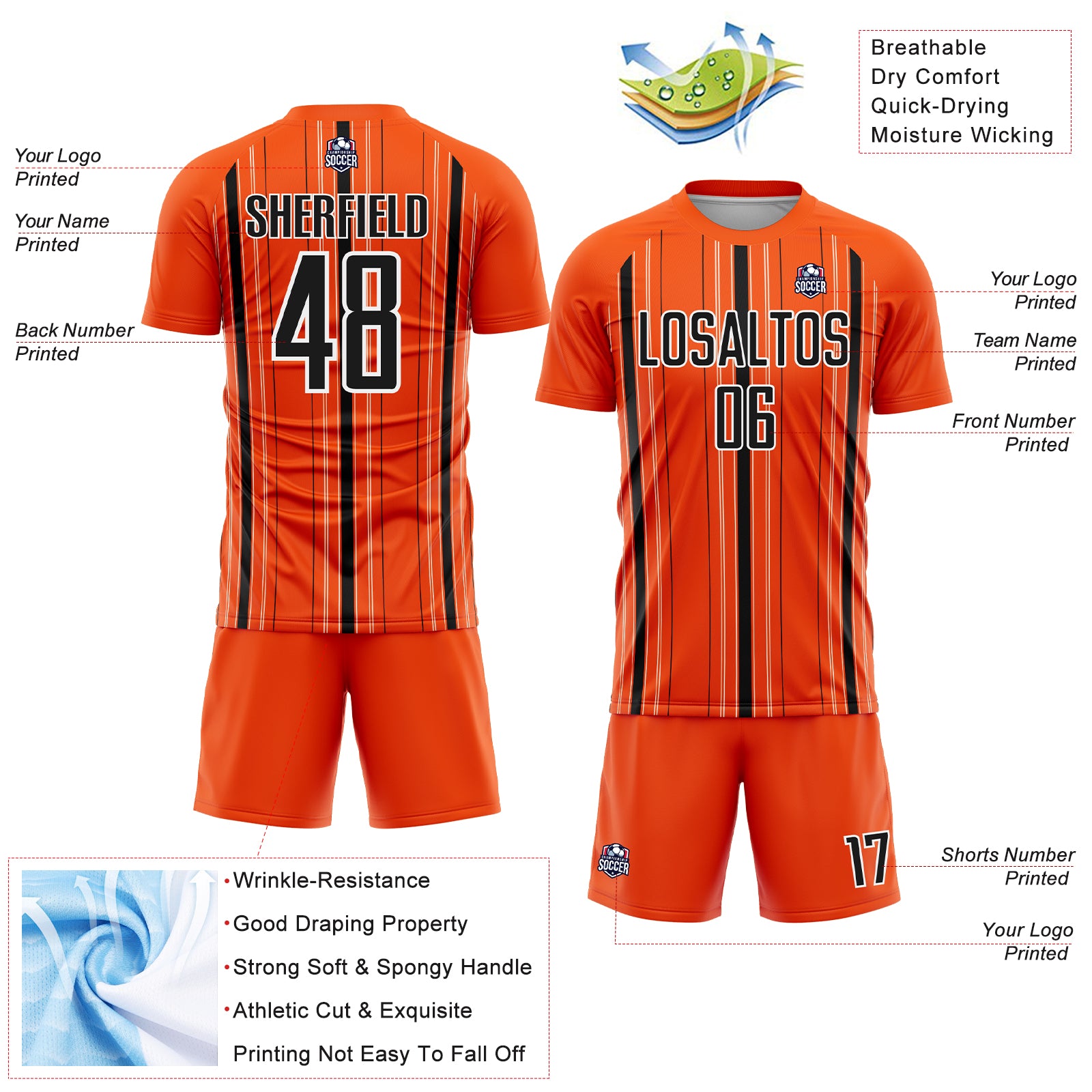 Custom Orange Black-White Stripe Sublimation Soccer Uniform Jersey