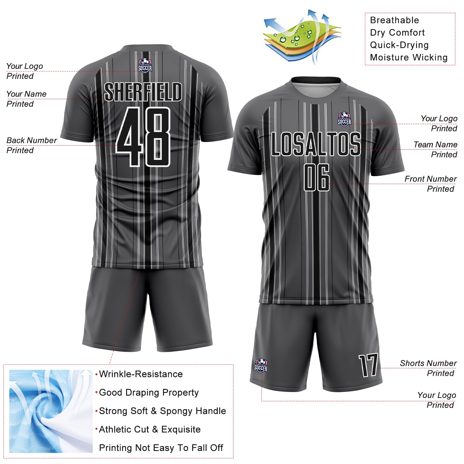 Custom Steel Gray Black-White Stripe Sublimation Soccer Uniform Jersey