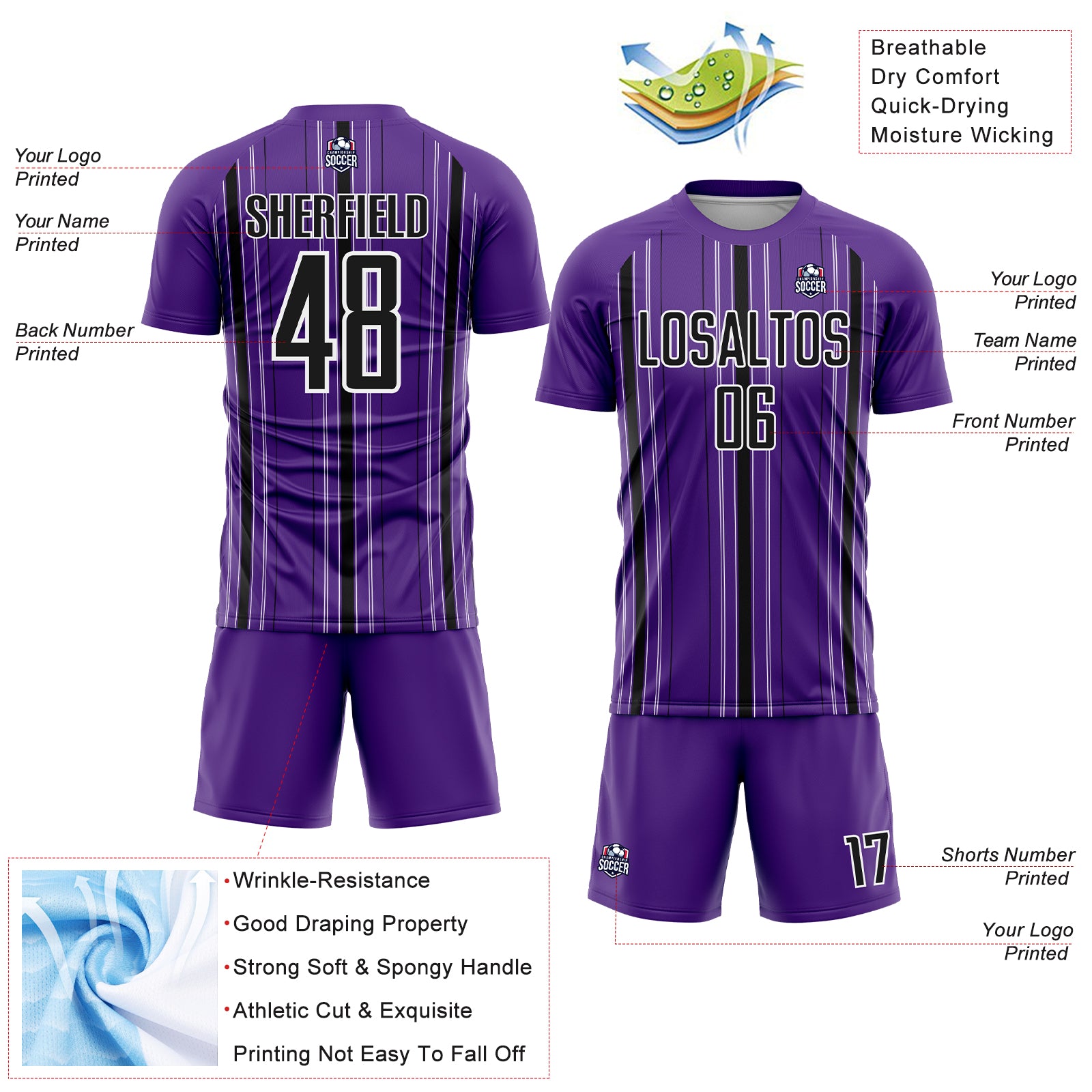 Custom Purple Black-White Stripe Sublimation Soccer Uniform Jersey