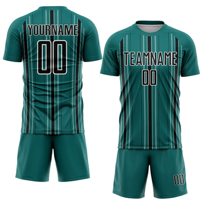 Custom Teal Black-White Stripe Sublimation Soccer Uniform Jersey